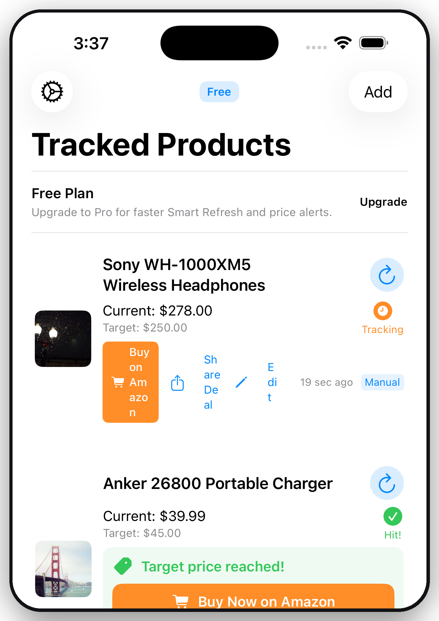 SavingRadar tracked products screen showing a price drop alert